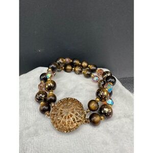 Vintage‎ Brown Beaded Bracelet Gold Tone AB Acrylic Beads Size 7"